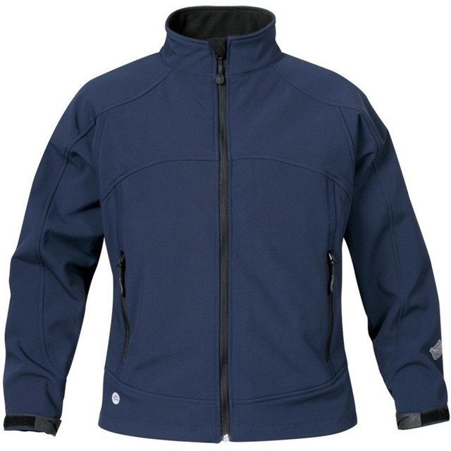 A navy blue women's jacket with a zip front, two side pockets, and a soft lining. It features a logo on the front.