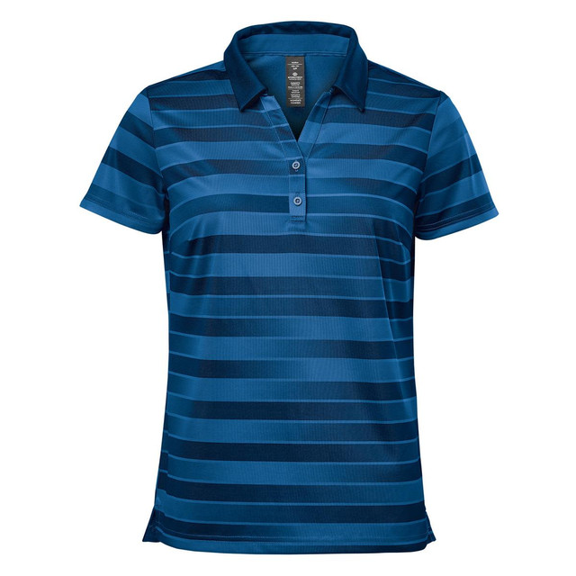 A women's polo shirt in dark blue with horizontal stripes and a collar. It features a logo on the front.