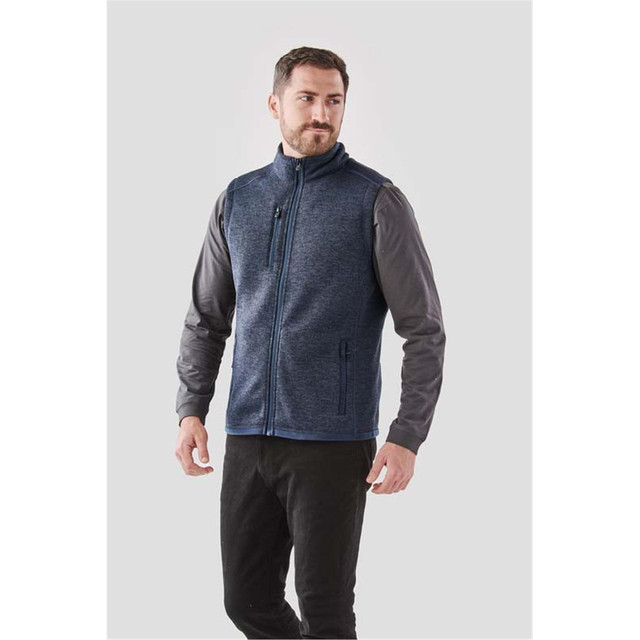 Men's Avalante Full Zip Fleece Vest in navy and grey, featuring a zippered front and side pockets. Includes a logo.