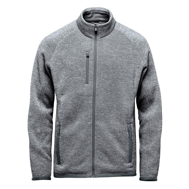 A men's full zip fleece jacket in grey with two side pockets and a chest pocket. Includes branding on the garment.