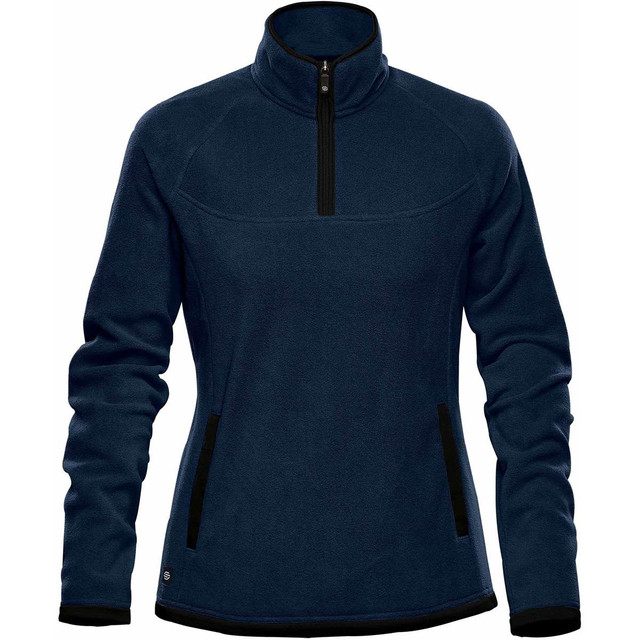 A women's polar fleece jumper in navy with black accents, featuring a 1/4 zip and side pockets. It has a logo.