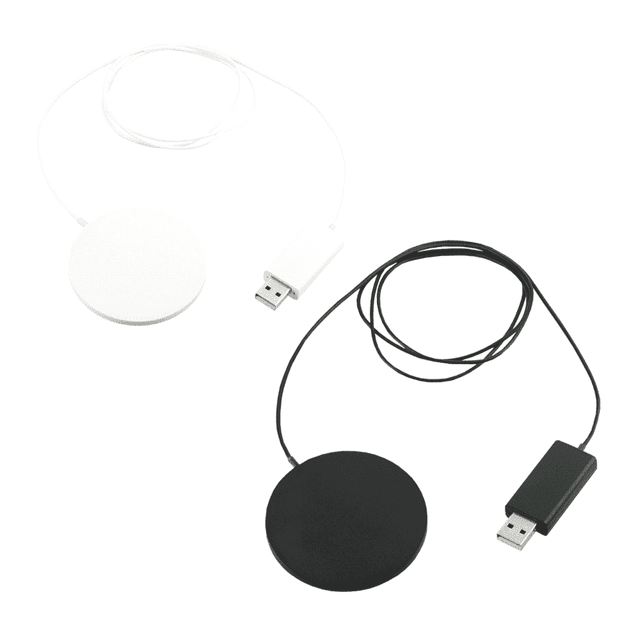 A white and a black ultra-thin wireless charging pad with attached USB cables, featuring a logo on each.