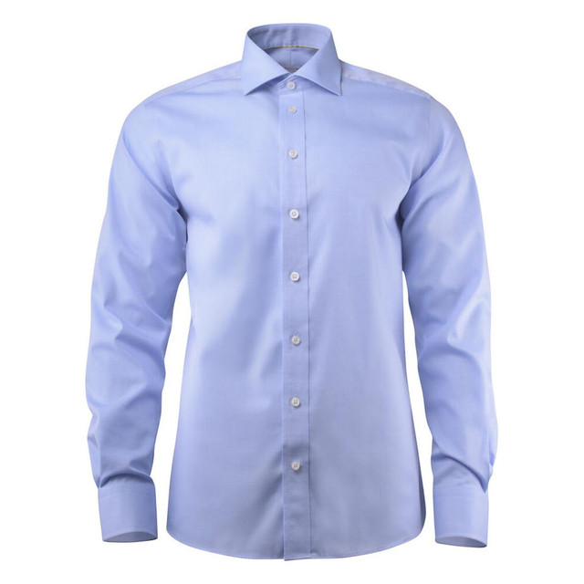 A light blue button-up shirt with a classic collar and long sleeves, featuring a logo.