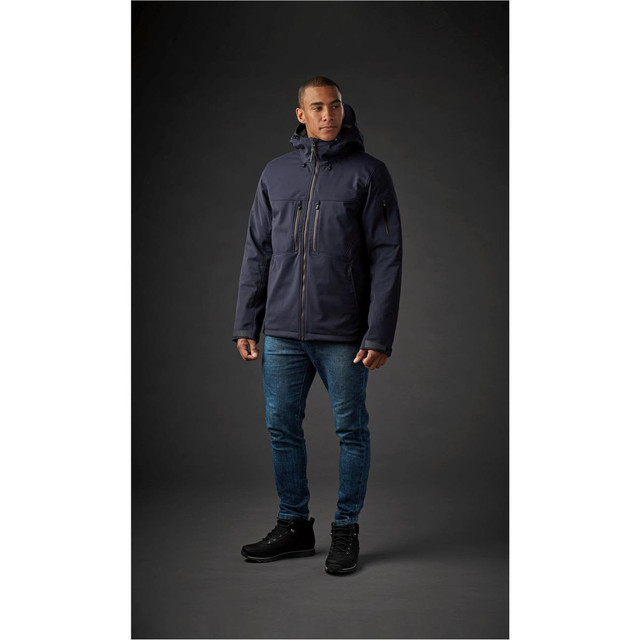 A dark navy men's jacket with a hood, zip closure, and front pockets, worn by a male model.