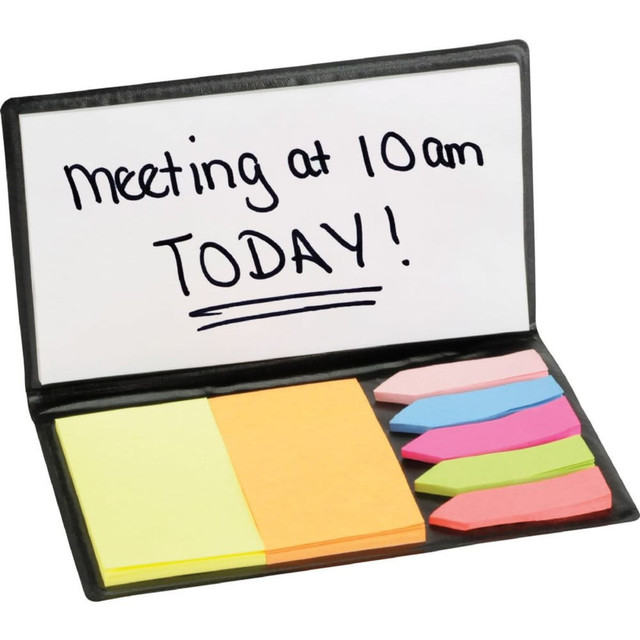 A slimline sticky memo holder with yellow, pink, and blue sticky notes, featuring a writable whiteboard surface.