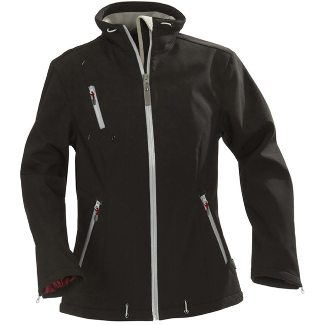 A black women's softshell jacket with multiple zippered pockets and a high collar. Features a logo on the sleeve.