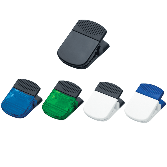 A set of four jumbo magnetic memo holders in black, blue, green, and white with a textured grip. Each has a branding logo.