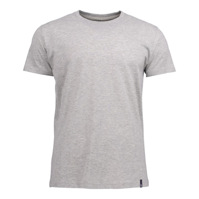 A grey crew neck T-shirt with short sleeves, featuring a small logo on the hem.