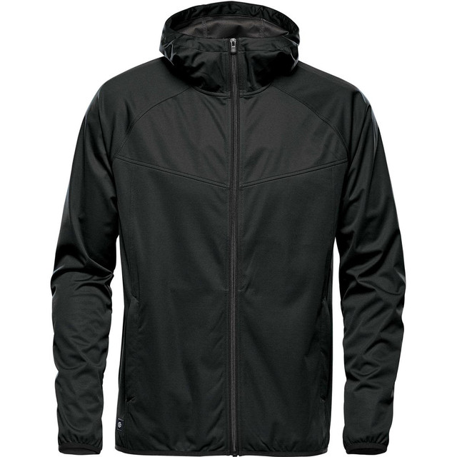 A black softshell jacket with a hood and zip closure, featuring a sleek design and an emblem.