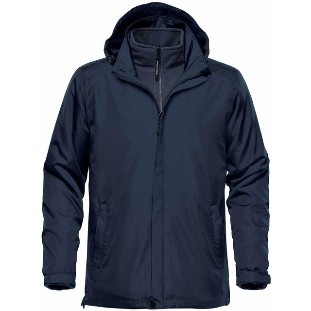 A navy men's jacket featuring a hood, zippered front, and pockets, with a logo. It's versatile for various weather conditions.
