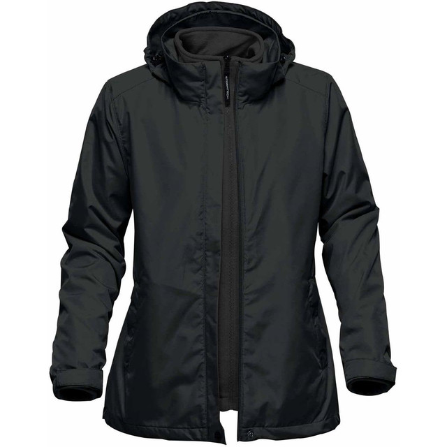 A women's black 3 in 1 jacket with a hood, featuring a zip closure and a logo on the sleeve.