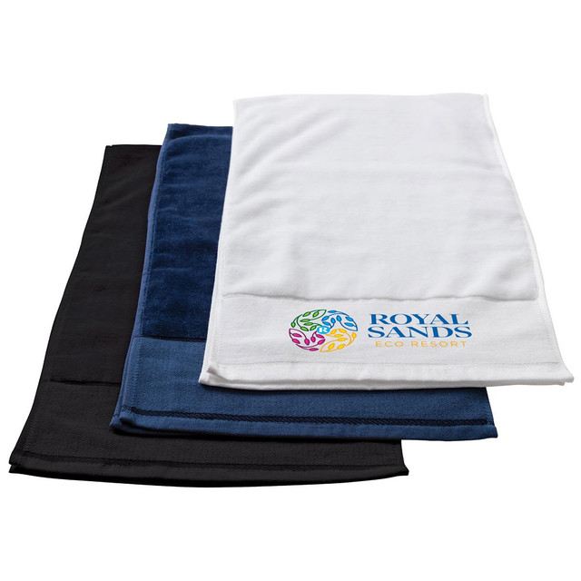 Three gym towels in black, navy, and white, featuring a logo on the white towel.