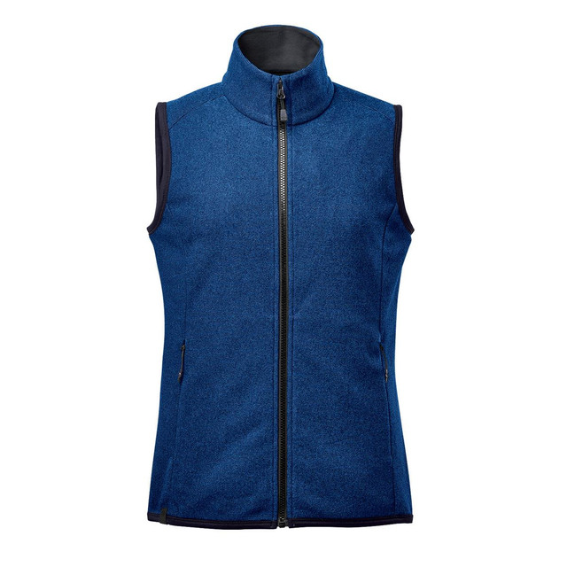 A blue women's vest with a high collar and front zip, featuring two side pockets and a logo.
