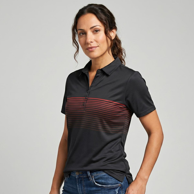 A black women's polo shirt featuring red striped patterns across the chest, with a collar and a zippered neckline.