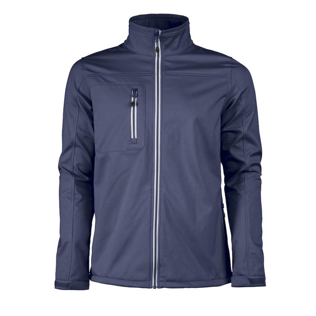 A men's softshell jacket in navy blue with a front zip, featuring a chest pocket and a logo.