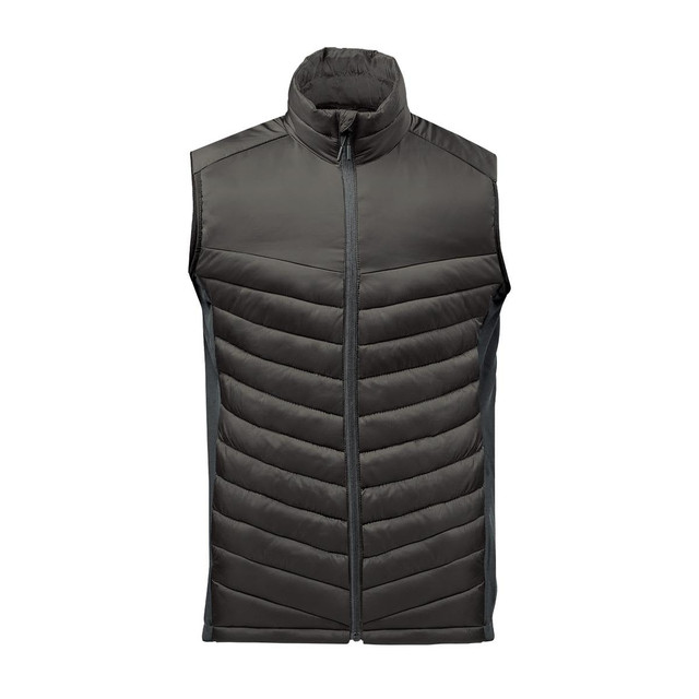 A dark green men's thermal vest, featuring a zip front and padded design with a grey trim.