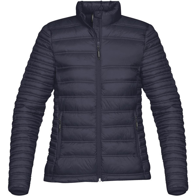 A women's jacket in navy blue, featuring a zip front and a fitted design with a quilted texture. It has a logo.