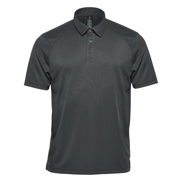 A dark grey men's polo shirt with a collar and a logo on the chest.