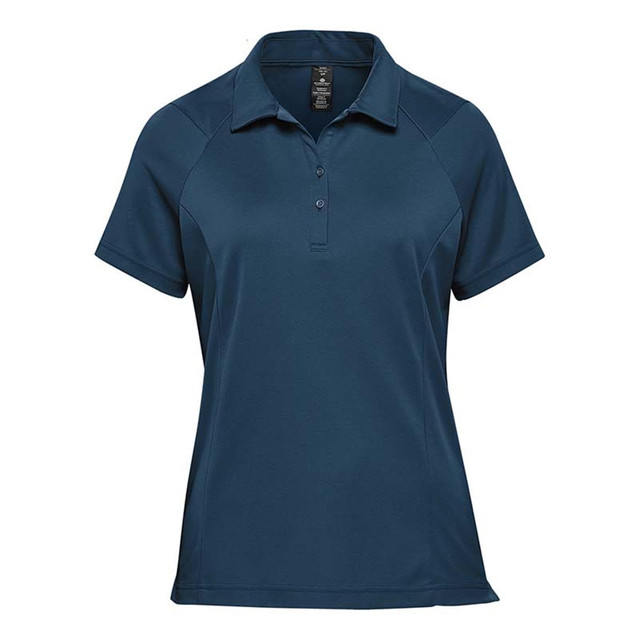 A women's polo shirt in dark blue, featuring a short collar and a logo on the chest.