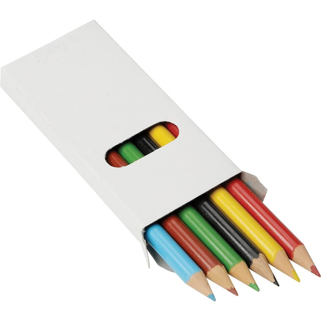 A white box containing six coloured pencils in blue, red, yellow, green, black, and brown.