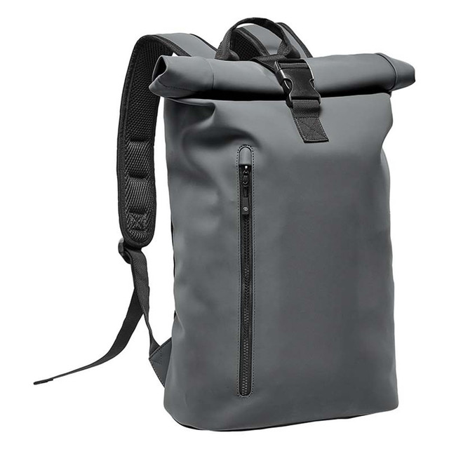 A grey roll-top backpack featuring a front zip pocket and adjustable straps. It has a logo on the design.