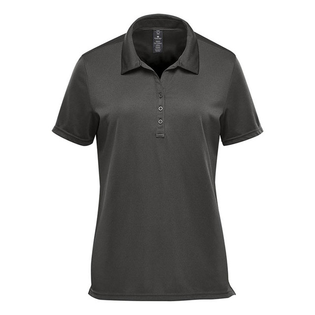 A women's short sleeve polo shirt in dark green with a collar and button placket, featuring a logo.