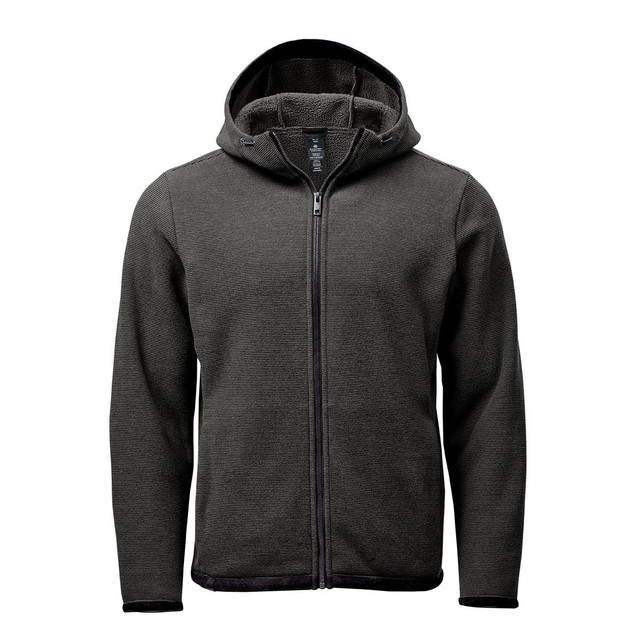 A green fleece hoody with a zip front and a hood, featuring a logo on the chest area.