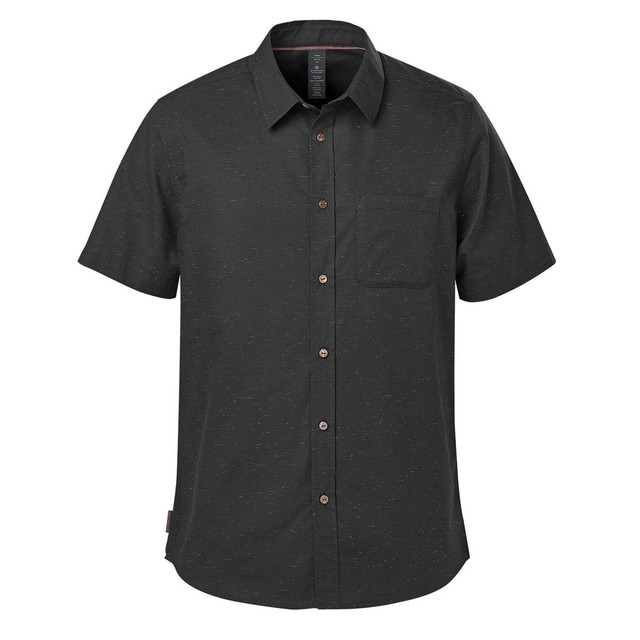 A black short-sleeved button-up shirt with a chest pocket and a logo tag on the side.