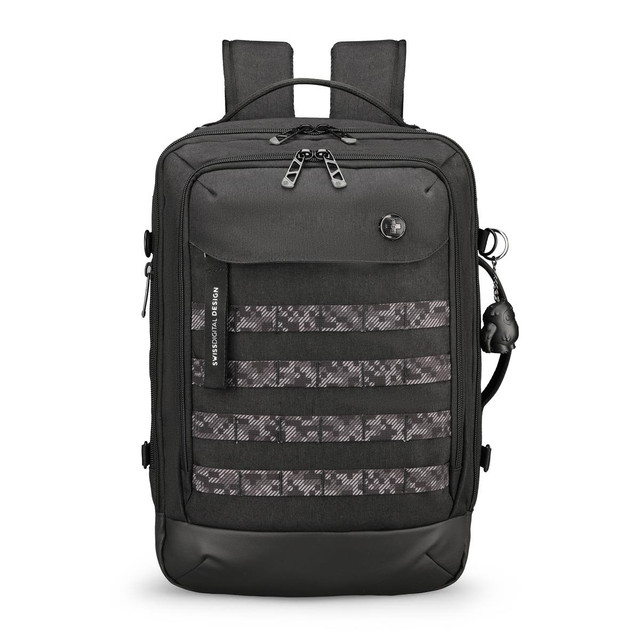 A sleek black backpack featuring multiple compartments and a textured front panel, equipped with adjustable shoulder straps.