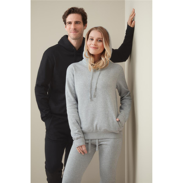 A black and grey unisex recycled sweatshirt hoodie displayed on models against a neutral background.