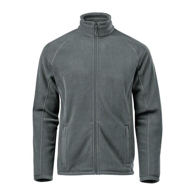 A men's fleece jacket in grey, featuring a high collar and zip front, with side pockets and branding.