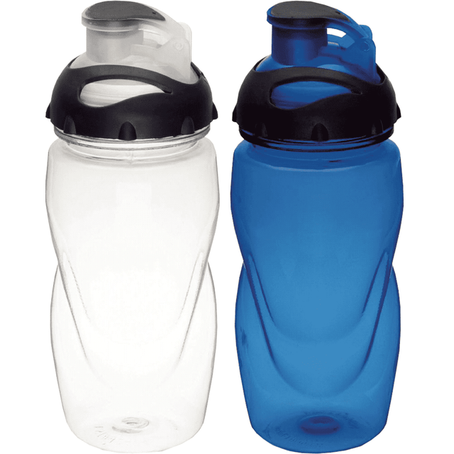 A drink bottle set with one clear and one blue bottle, both featuring black lids and a logo.