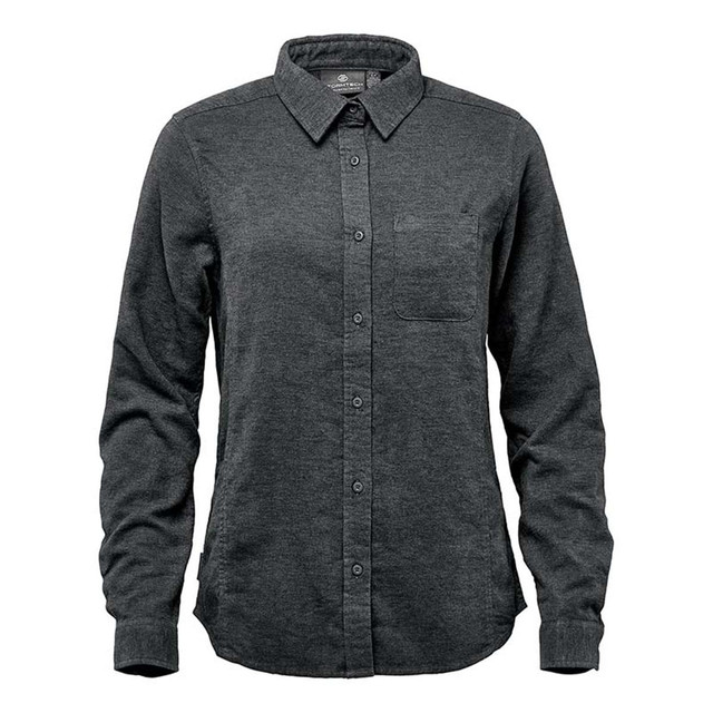 A women's long sleeve twill shirt in dark grey, featuring a button-up front and a single chest pocket.