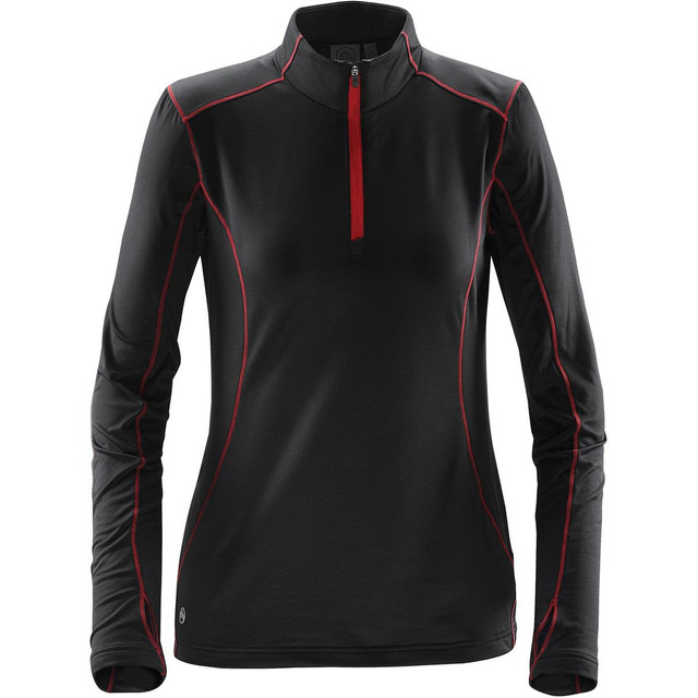 A women's black polar fleece pullover with red stitching and a half-zip front. It features long sleeves and a sporty design.