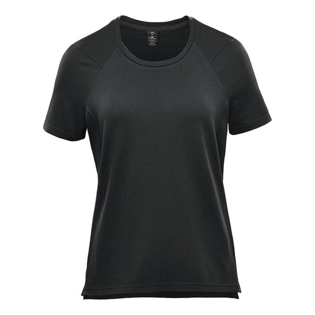 A black women's short sleeve performance tee with a round neckline and raglan sleeves. It has a logo on it.