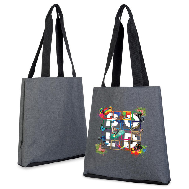 A grey tote bag featuring a vibrant design on one side and black straps. The bag has a logo.