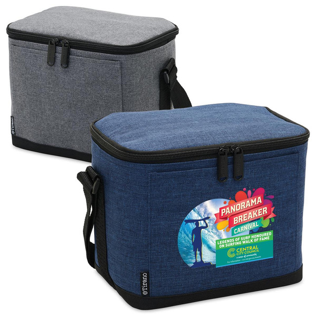 A drink cooler bag featuring two colours: grey and navy blue, with a shoulder strap and a logo.