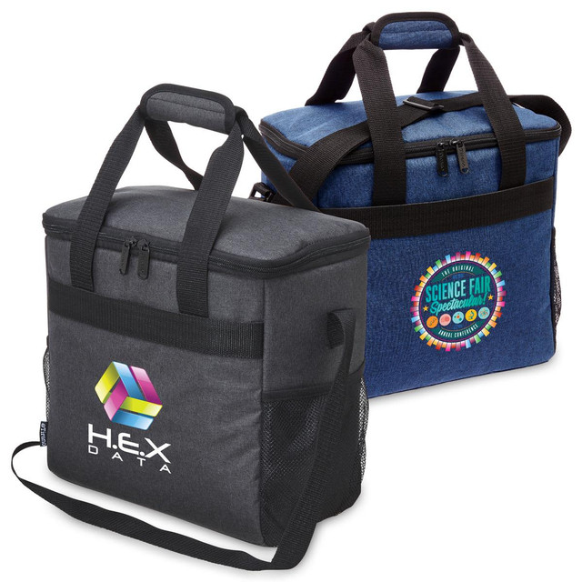 A dual set of cooler bags in black and navy blue, featuring handles and mesh pockets, with logos displayed.