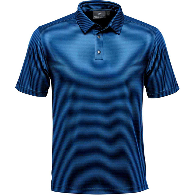 A men's polo shirt in navy blue with a striped pattern and a collar. Features a logo.