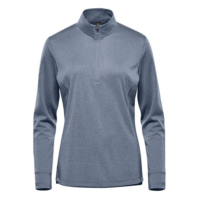 A women's 1/4 zip pullover in grey, featuring long sleeves and a branded logo.