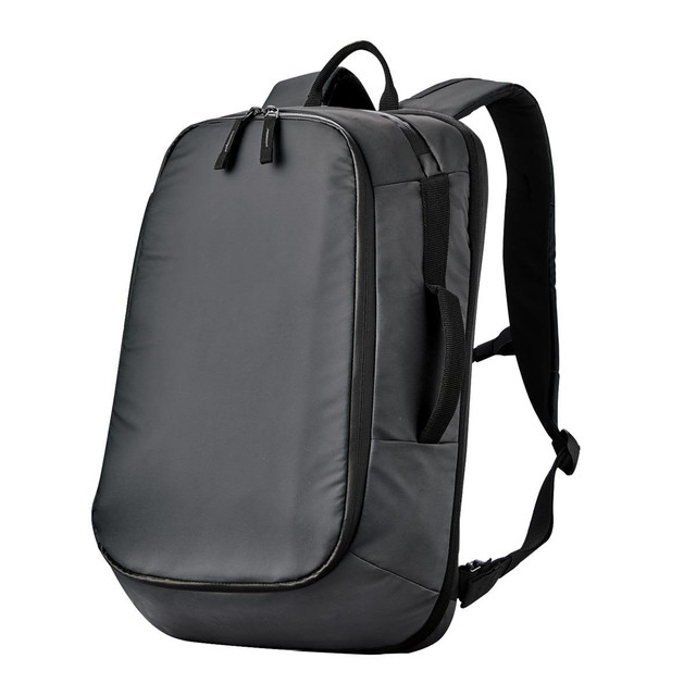 A dark grey backpack with a sleek design, featuring a zip closure and adjustable straps. It has a logo on the front.