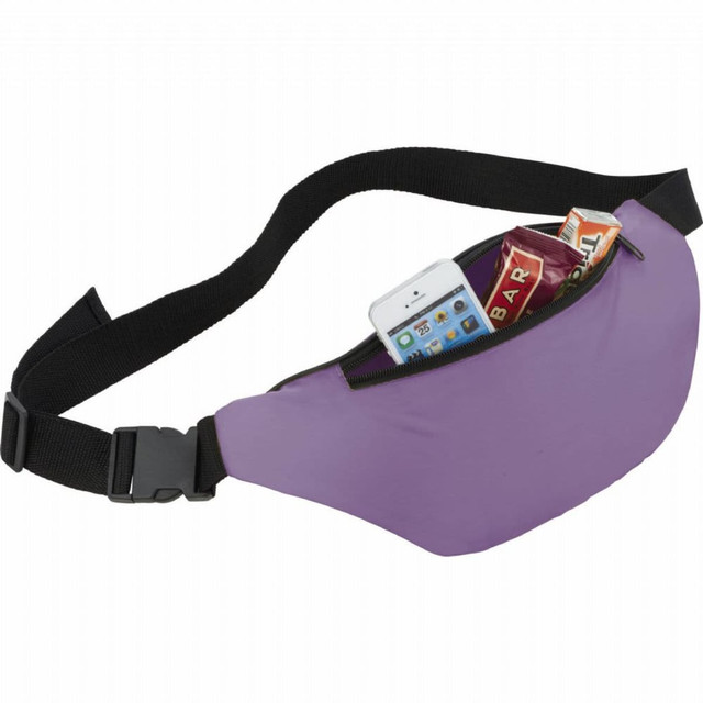 A purple bum bag with a phone and snack bars visible in the zippered compartment. It features a black adjustable strap.
