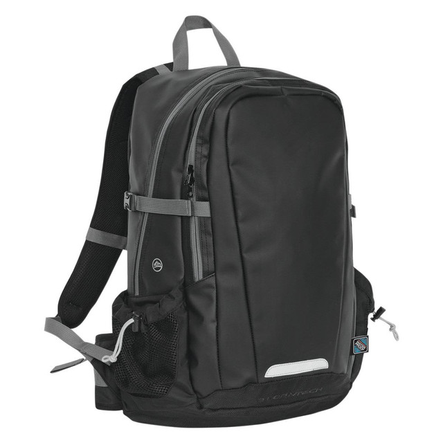 A sleek black backpack with multiple compartments, adjustable straps, and a mesh side pocket. It features a logo.