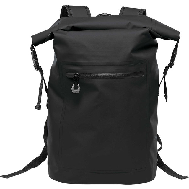 A black waterproof backpack with adjustable shoulder straps and a front zip pocket, featuring a logo.