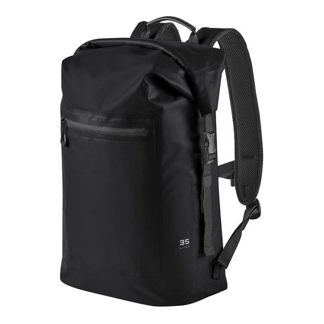 A black waterproof backpack with adjustable straps and a front zip pocket. It has a distinctive branding logo.