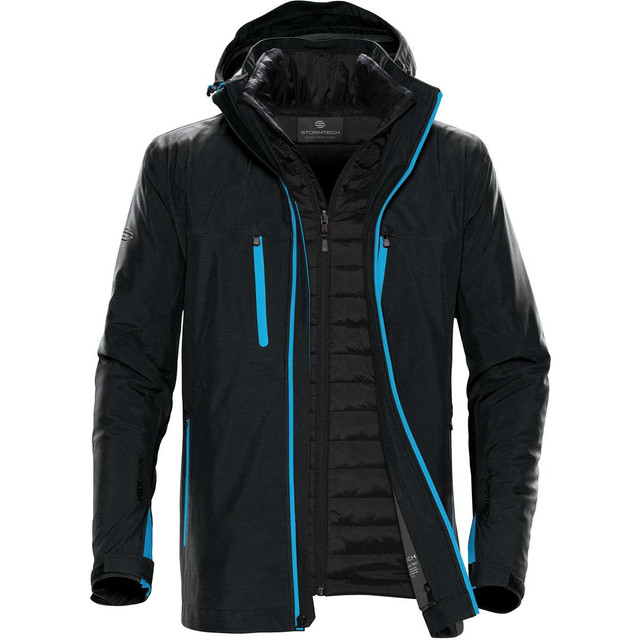 A black jacket with blue accents, featuring a zippered front, pockets, and a hood. It includes a logo.