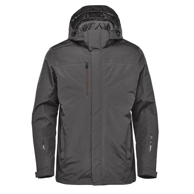 A men's Magellan System jacket in grey featuring a hood and zippered pockets. The jacket has a logo on it.