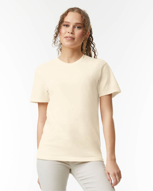 A heavyweight adult t-shirt in a light cream colour, featuring a classic fit and short sleeves.