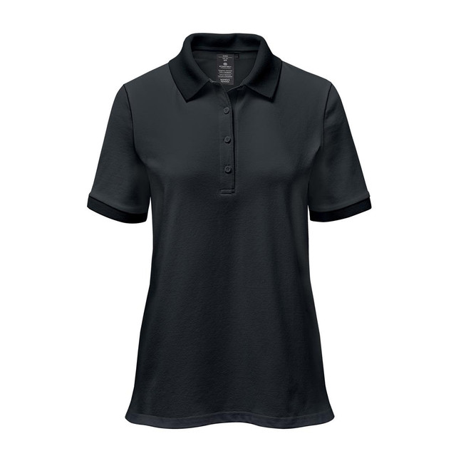 A dark green women's polo shirt with a collar, short sleeves, and a logo on the chest.