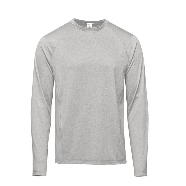 A long-sleeve grey T-shirt featuring a sleek design and a logo. Ideal for casual wear.